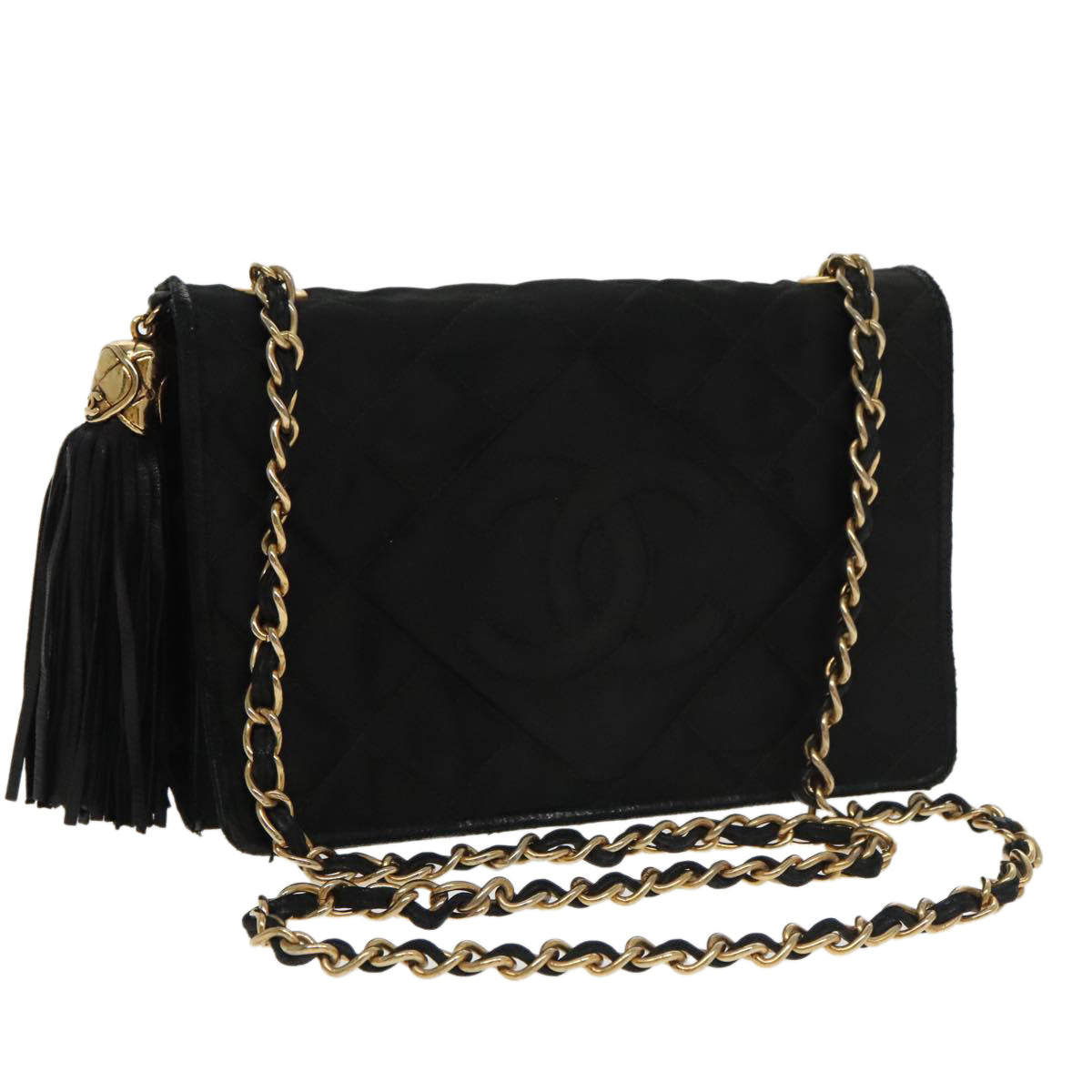 CHANEL Fringe Chain Shoulder Bag Satin Black Gold CC Auth 100725