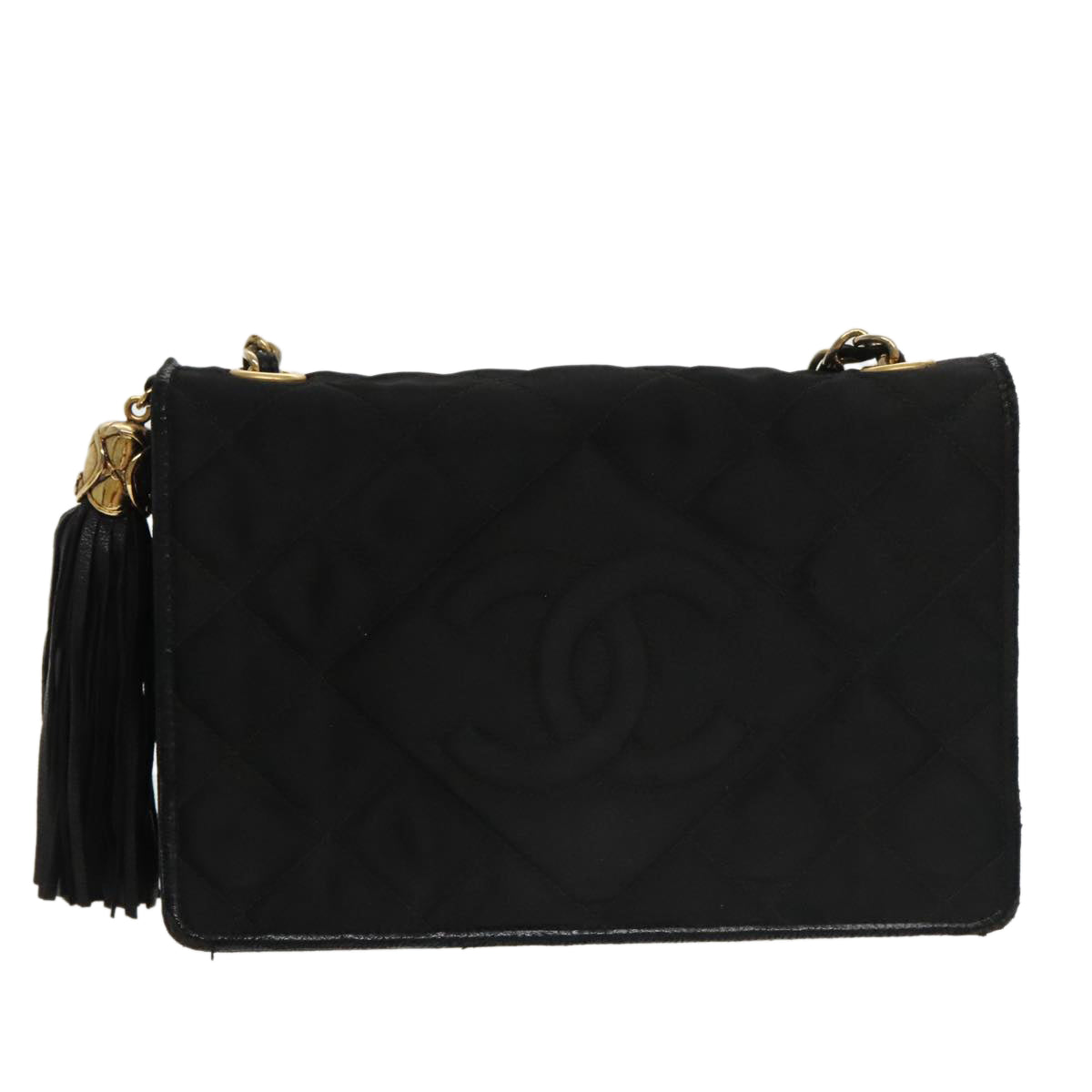 CHANEL Fringe Chain Shoulder Bag Satin Black Gold CC Auth 100725 - 0