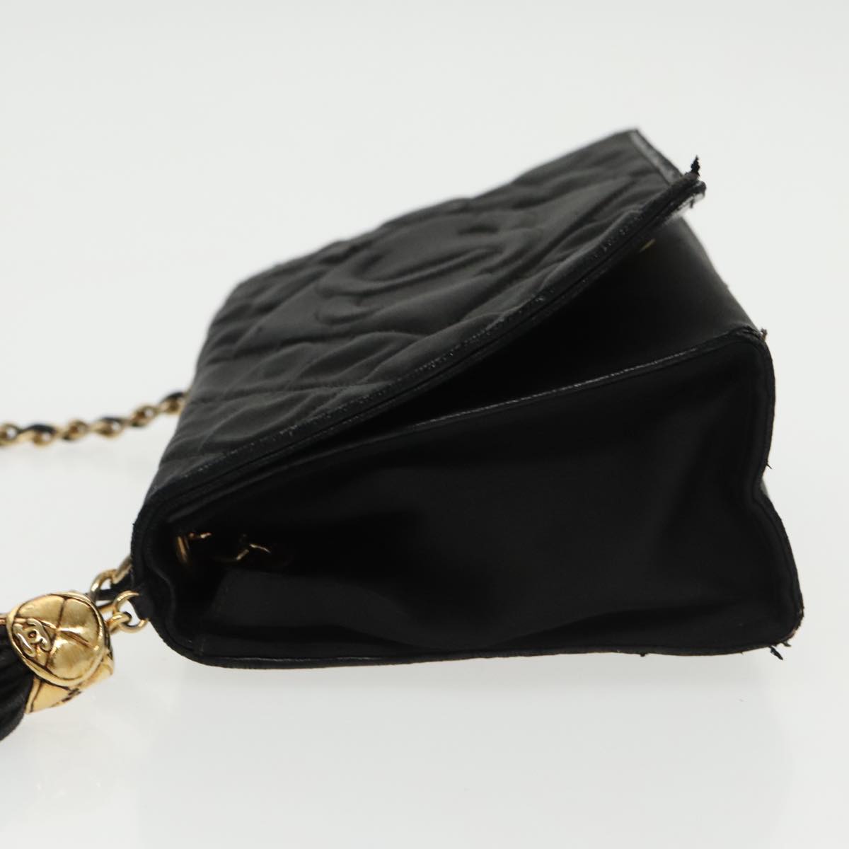 CHANEL Fringe Chain Shoulder Bag Satin Black Gold CC Auth 100725