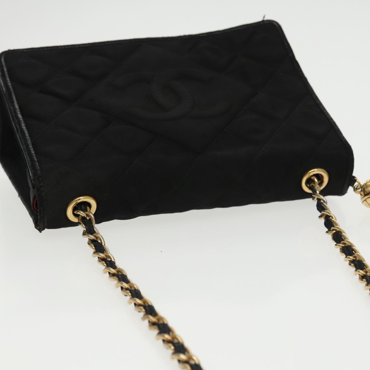 CHANEL Fringe Chain Shoulder Bag Satin Black Gold CC Auth 100725