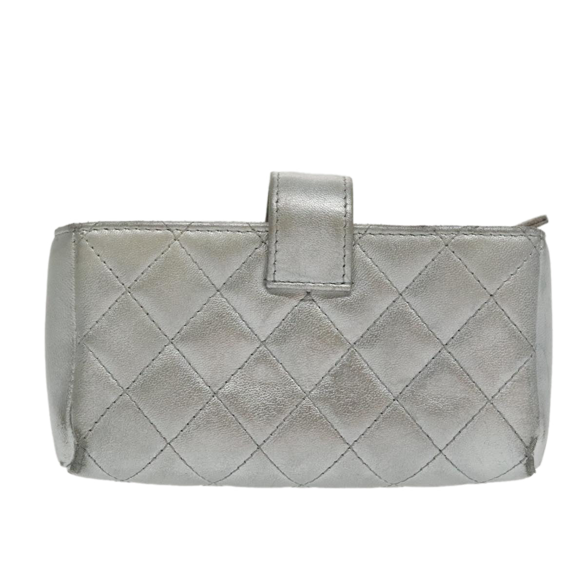 CHANEL Pouch Lamb Skin Silver CC Auth 100726