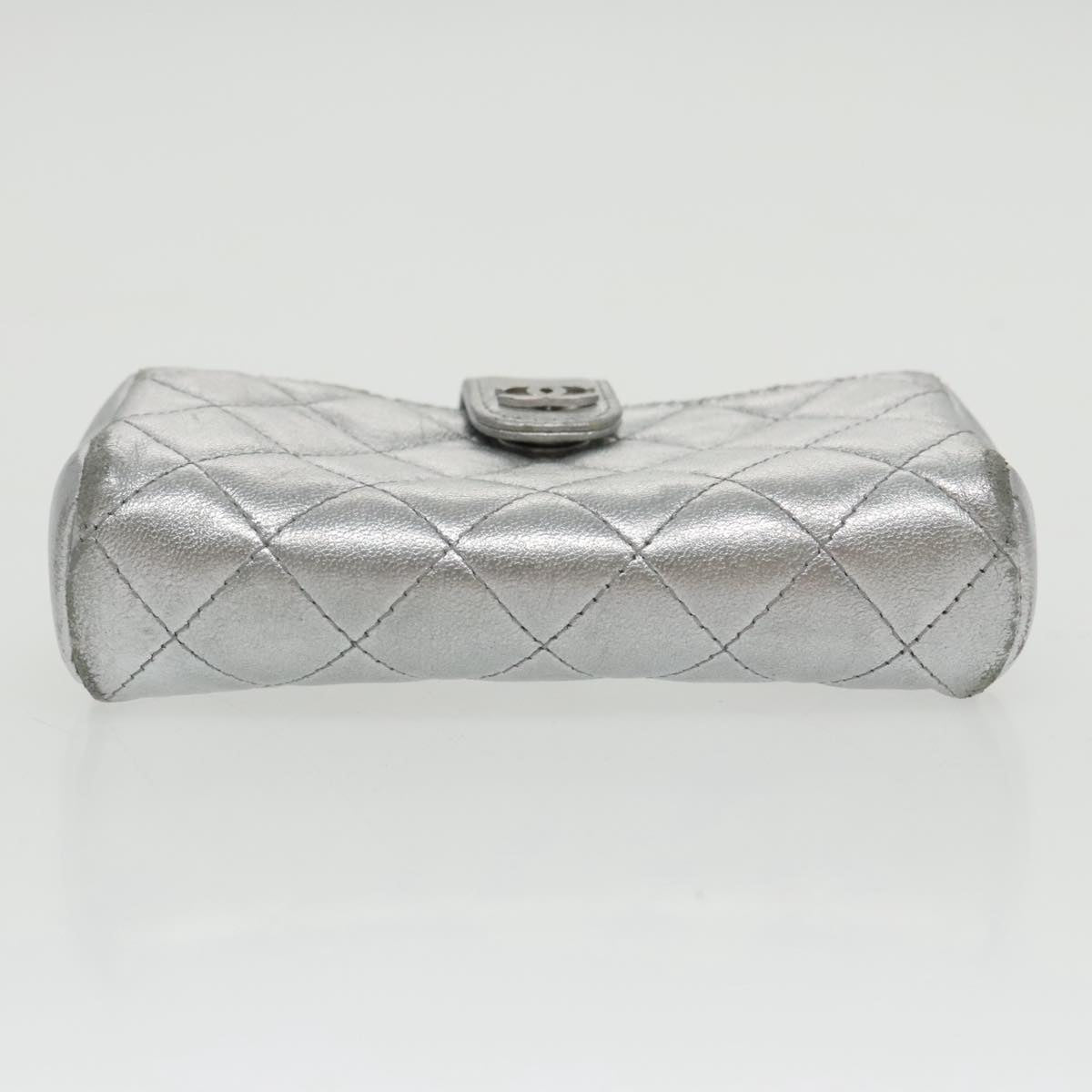 CHANEL Pouch Lamb Skin Silver CC Auth 100726