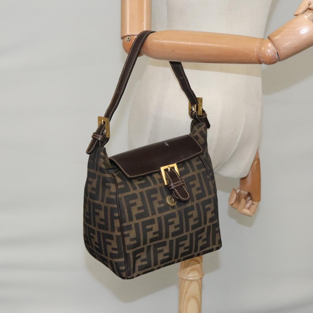 FENDI Zucca Canvas Hand Bag Brown Black gold Auth 100727