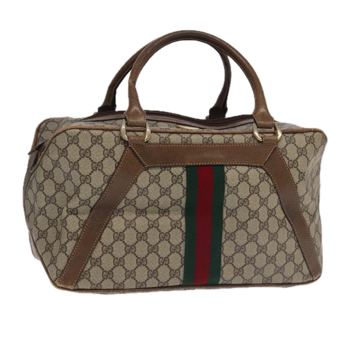 GUCCI GG Supreme Web Sherry Line Boston Bag PVC Beige Red Green Auth 100765