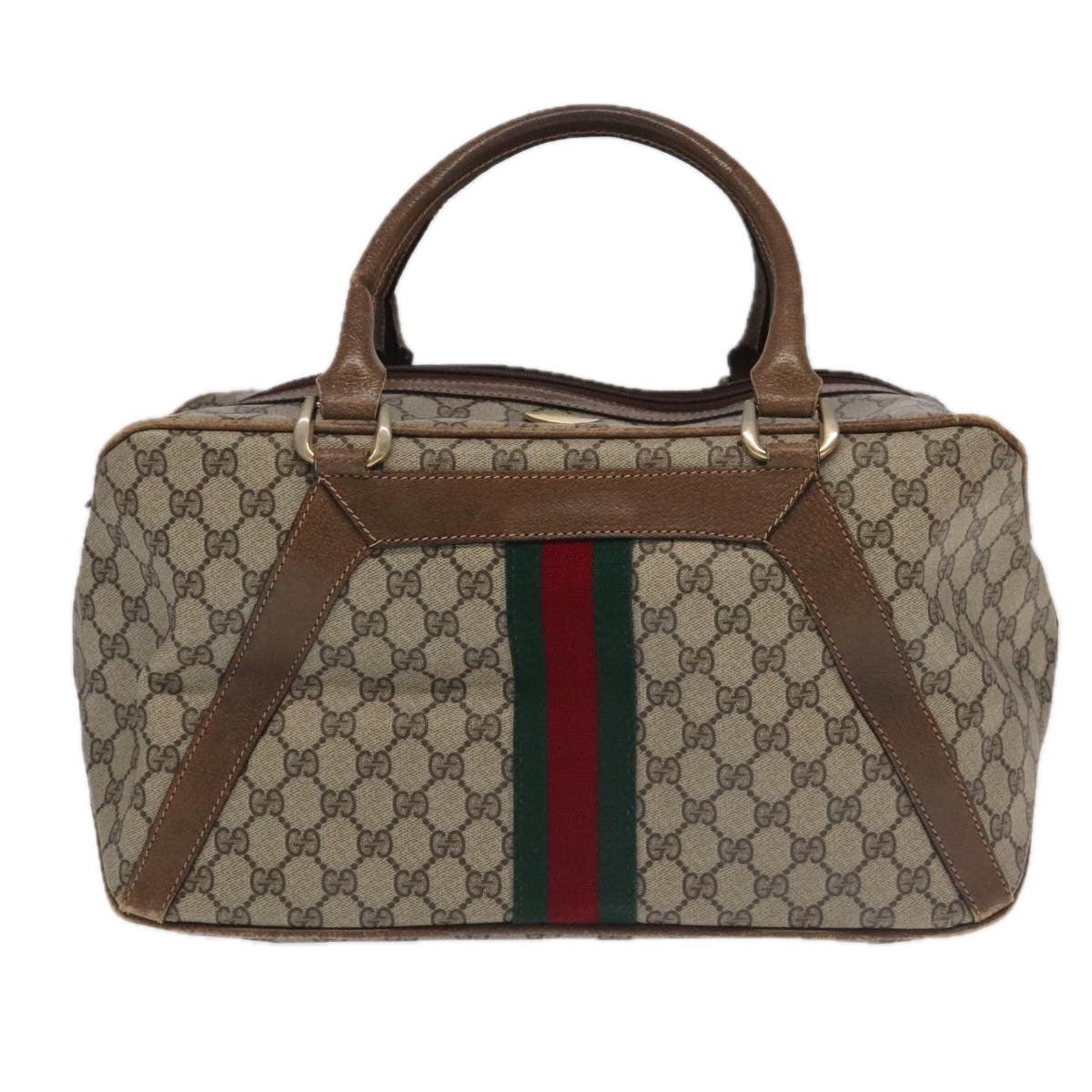 GUCCI GG Supreme Web Sherry Line Boston Bag PVC Beige Red Green Auth 100765 - 0