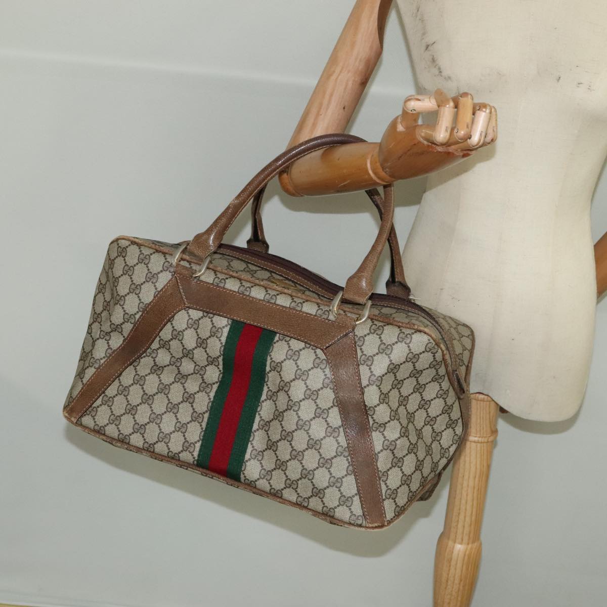 GUCCI GG Supreme Web Sherry Line Boston Bag PVC Beige Red Green Auth 100765