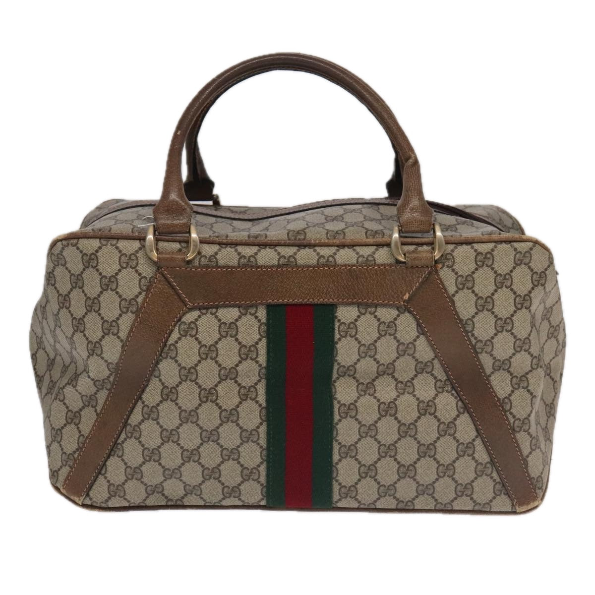 GUCCI GG Supreme Web Sherry Line Boston Bag PVC Beige Red Green Auth 100765