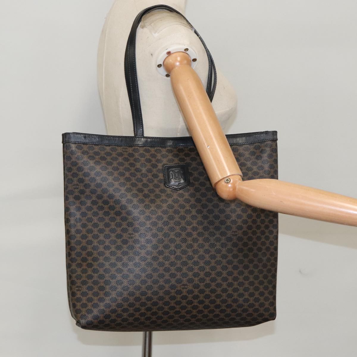 CELINE Macadam Canvas Tote Bag PVC Leather Black Gold Auth 100782