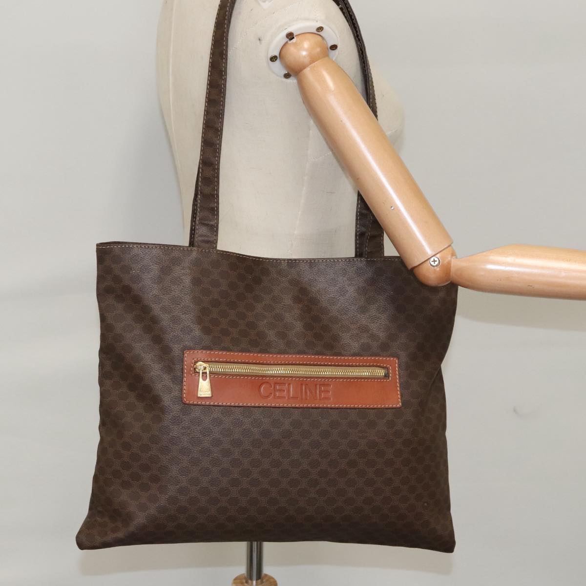 CELINE Macadam Canvas Tote Bag PVC Leather Brown Gold Auth 100783