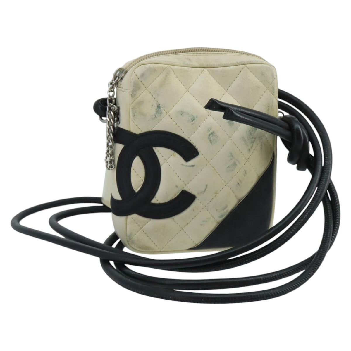 CHANEL Cambon Line Shoulder Bag Leather White Silver CC Auth 100788