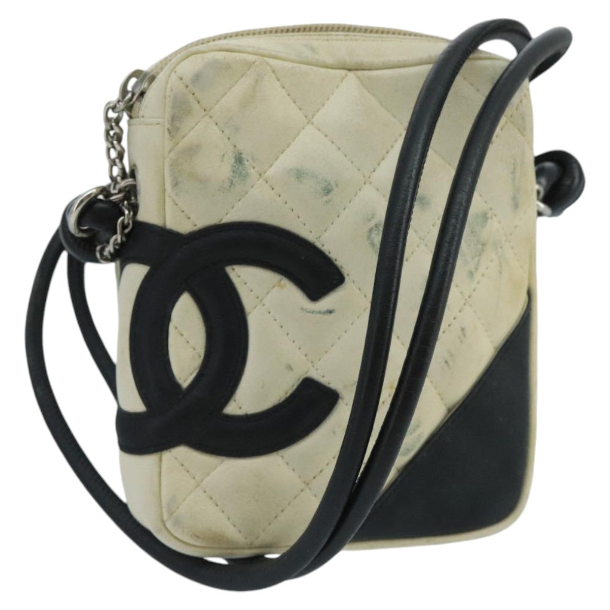 CHANEL Cambon Line Shoulder Bag Leather White Silver CC Auth 100788 - 0