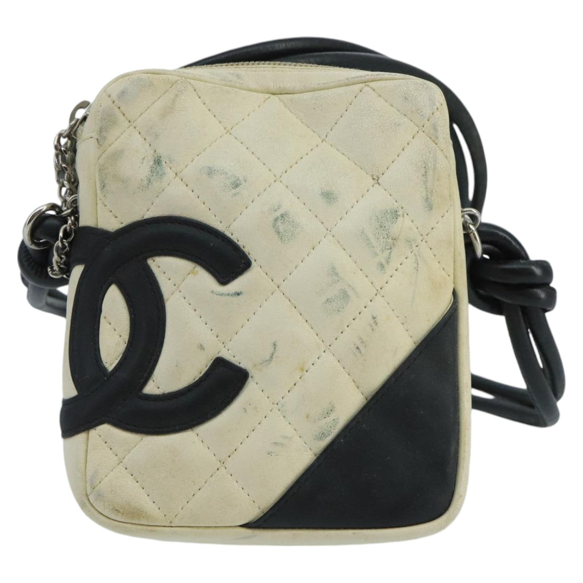 CHANEL Cambon Line Shoulder Bag Leather White Silver CC Auth 100788