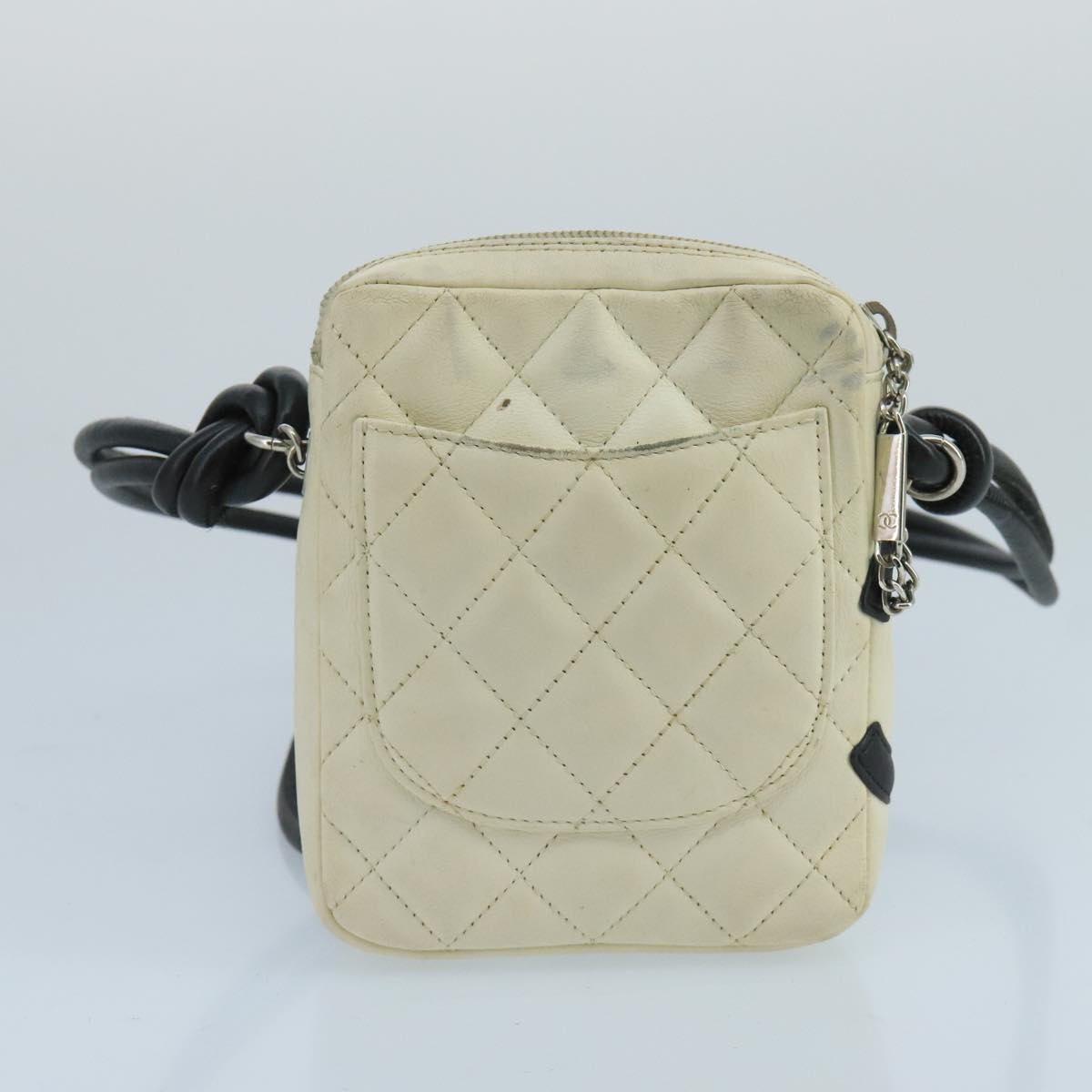 CHANEL Cambon Line Shoulder Bag Leather White Silver CC Auth 100788