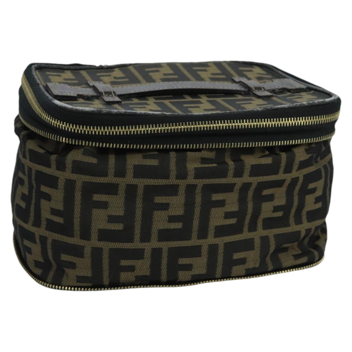 FENDI Zucca Canvas Vanity Pouch Brown Black gold Auth 100790