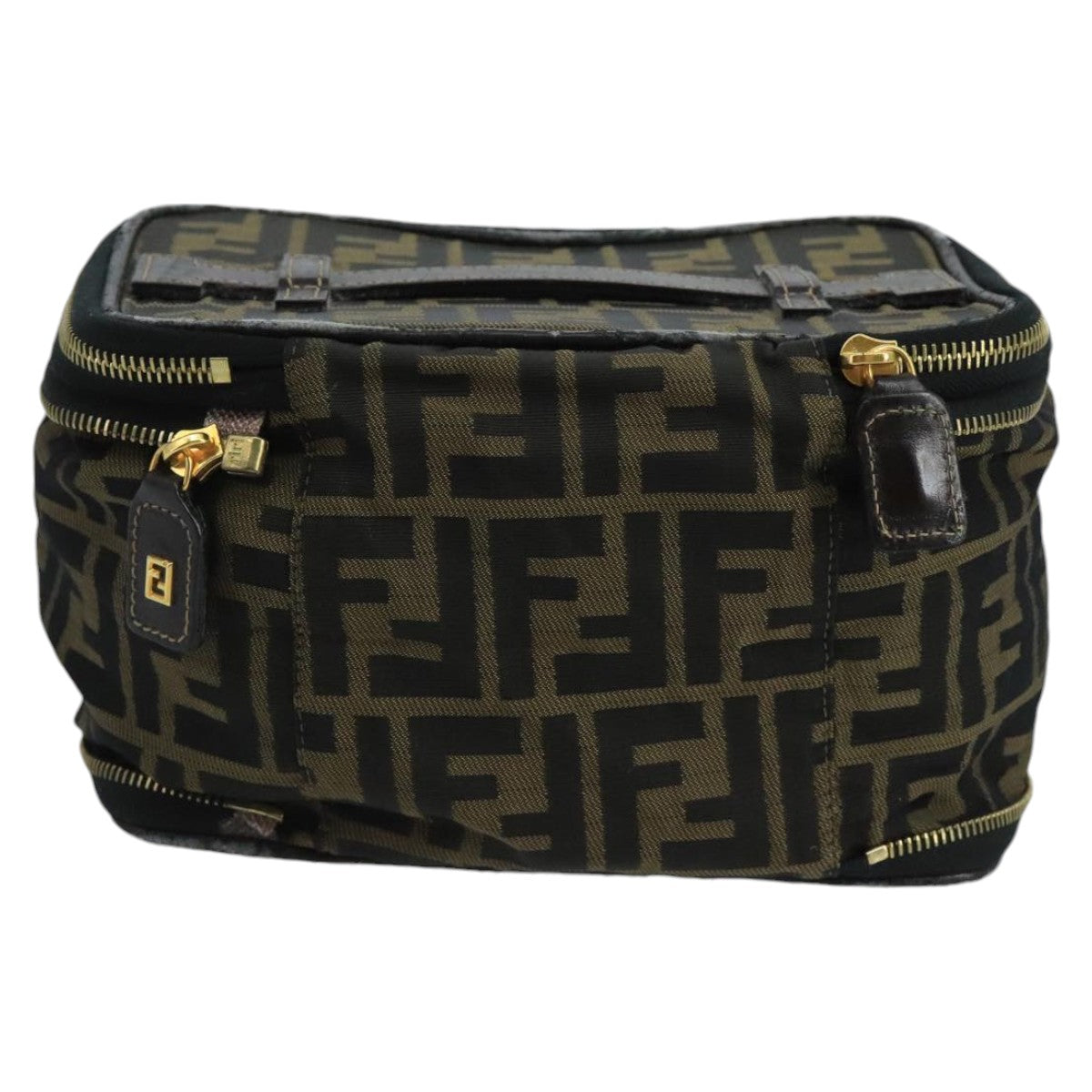 FENDI Zucca Canvas Vanity Pouch Brown Black gold Auth 100790