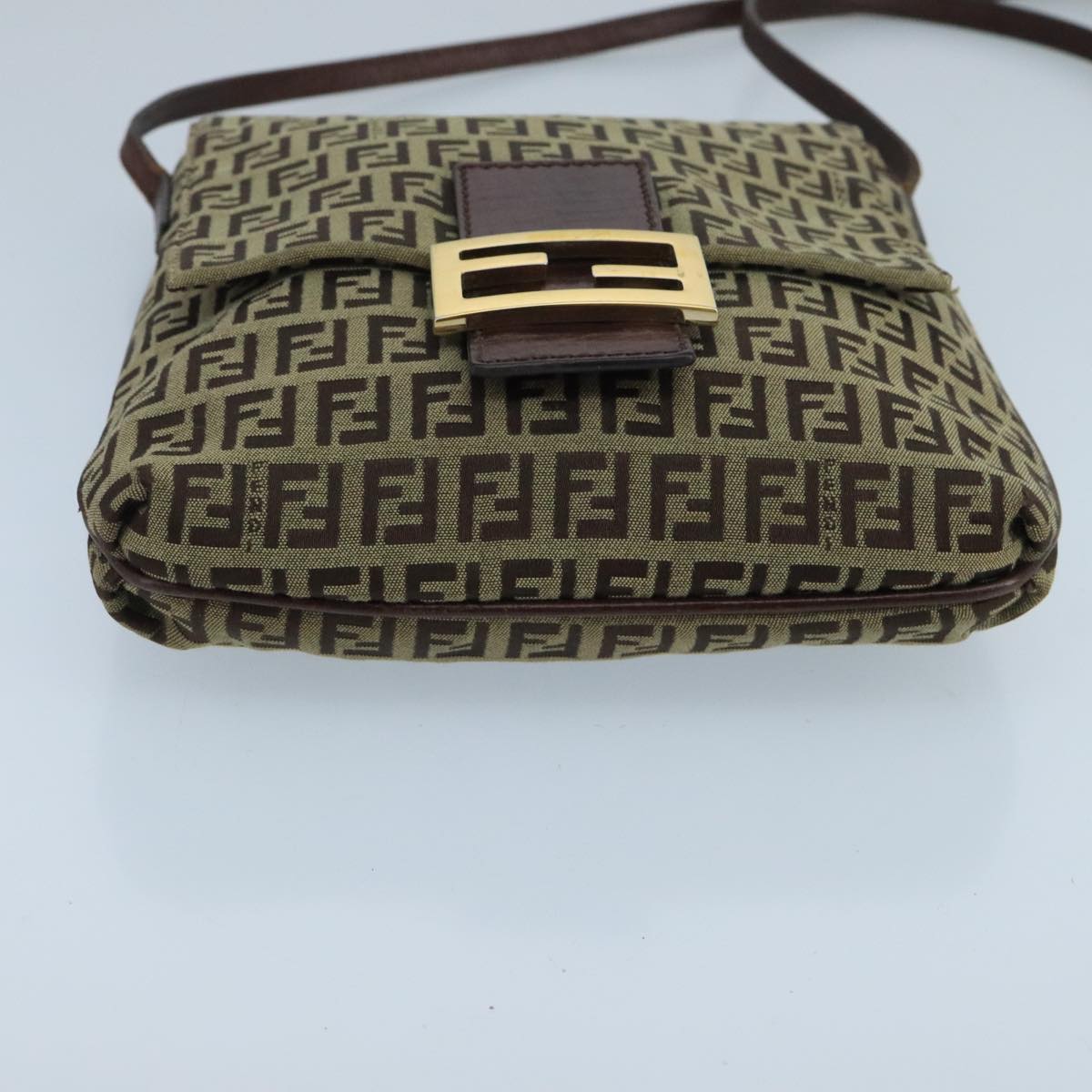 FENDI Zucchino Canvas Shoulder Bag Beige Gold Auth 100792