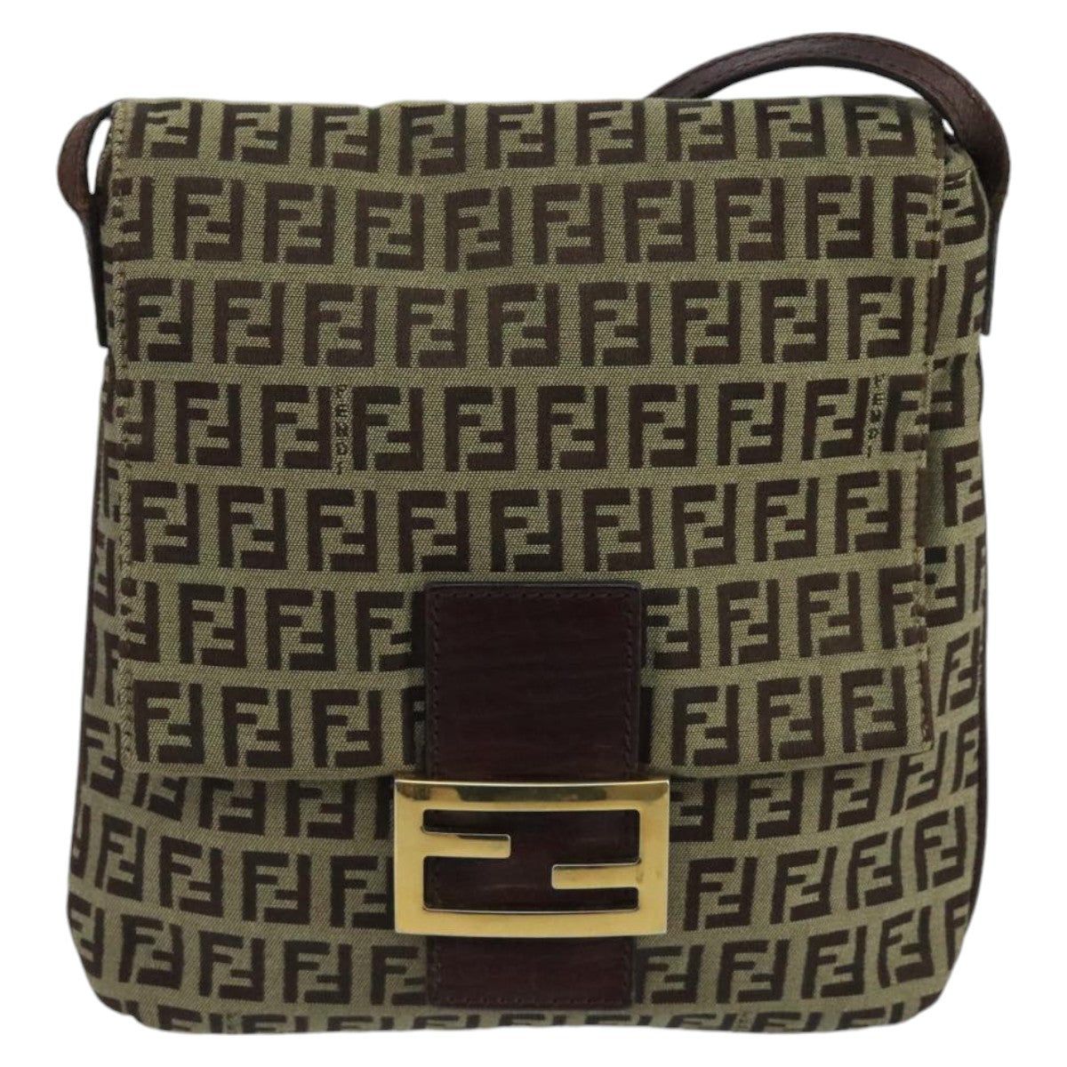 FENDI Zucchino Canvas Shoulder Bag Beige Gold Auth 100792 - 0