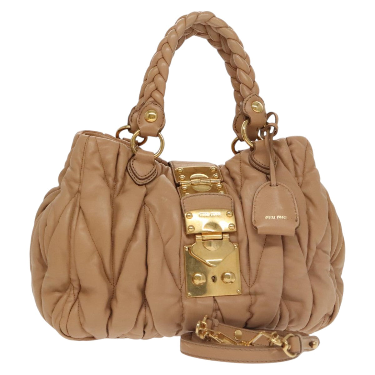 Miu Miu Matelasse Hand Bag Leather 2way Beige Gold Auth 100864