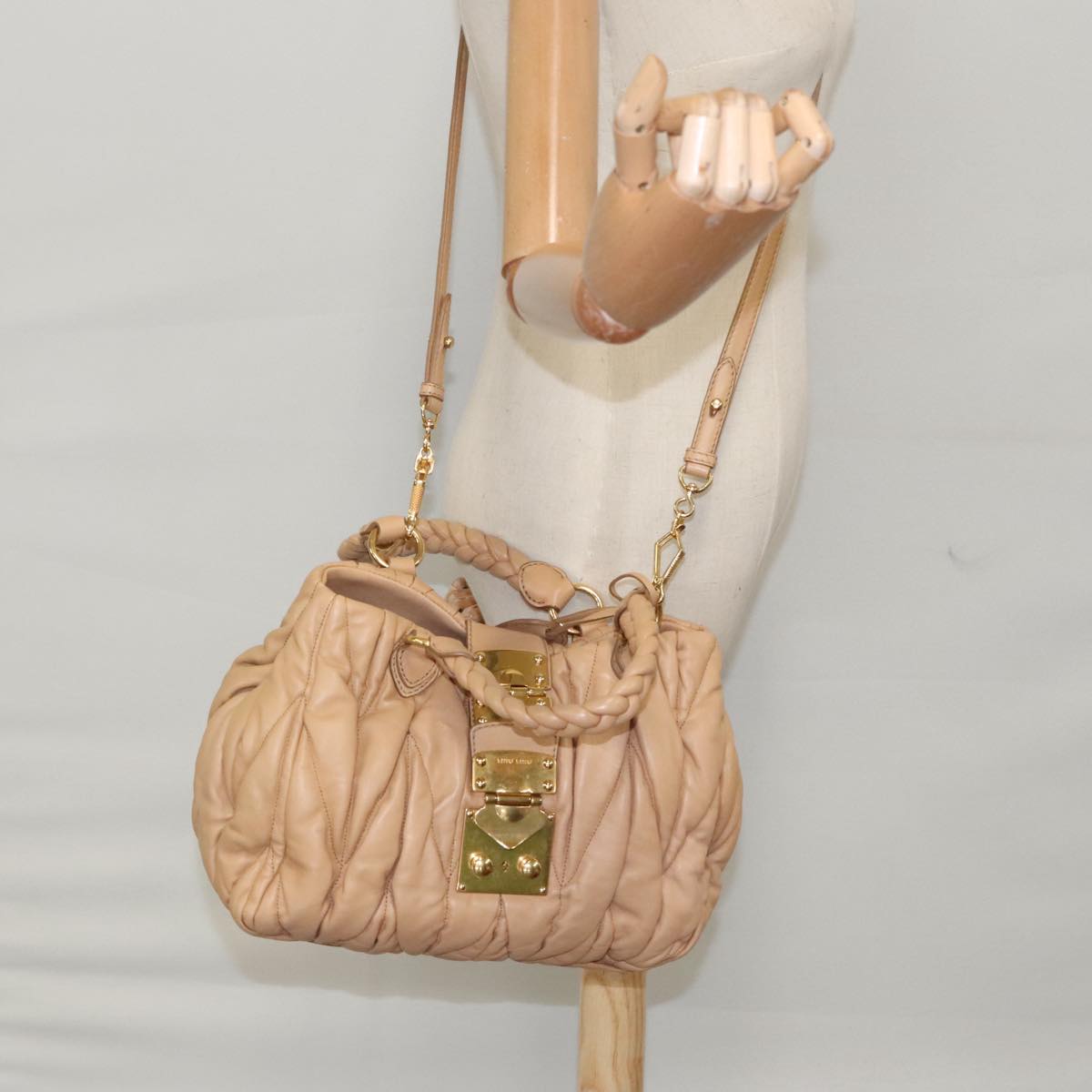 Miu Miu Matelasse Hand Bag Leather 2way Beige Gold Auth 100864