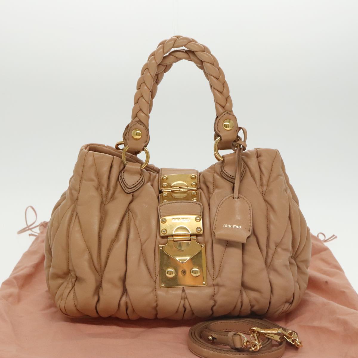 Miu Miu Matelasse Hand Bag Leather 2way Beige Gold Auth 100864