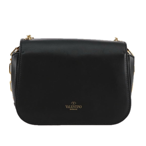 VALENTINO Chain Shoulder Bag Leather Black Gold Auth 100869