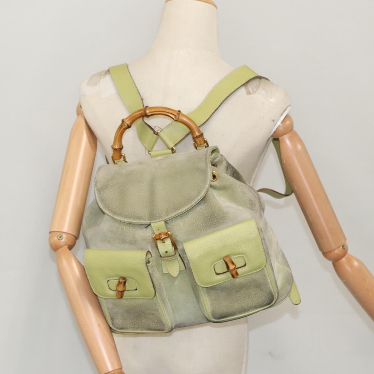 GUCCI Bamboo Backpack Suede Green Gold 003 2058 0016 Auth 100938