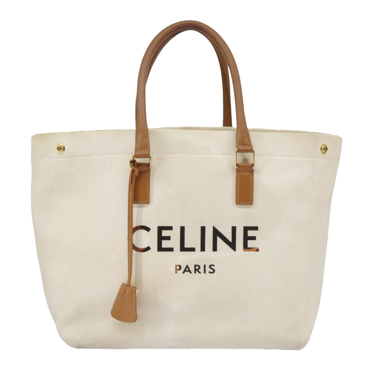 CELINE Horizontalkava Tote Bag Canvas 2way White Gold Auth 101048