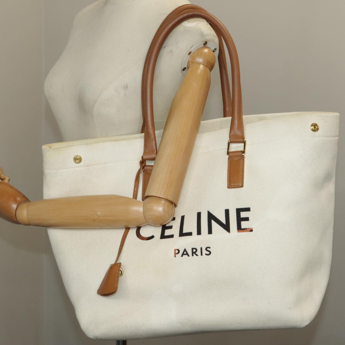 CELINE Horizontalkava Tote Bag Canvas 2way White Gold Auth 101048