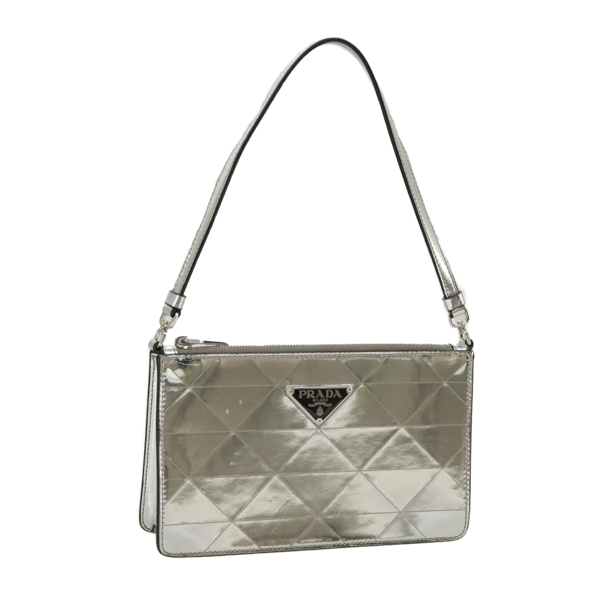 PRADA Accessory Pouch Metallic leather Silver Auth 101052A