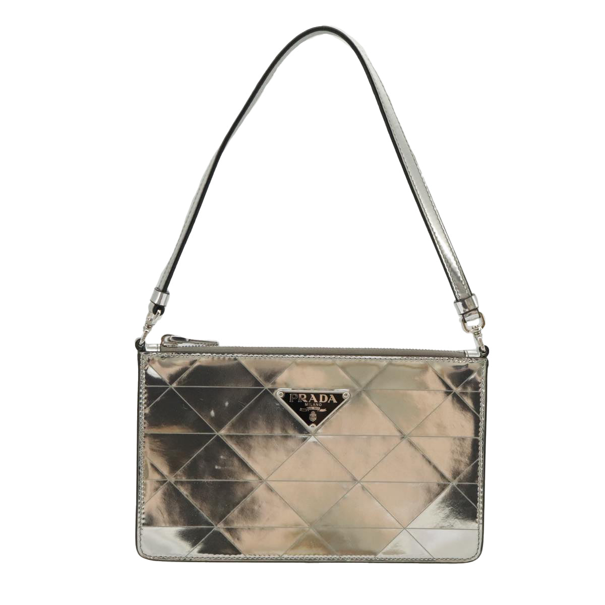 PRADA Accessory Pouch Metallic leather Silver Auth 101052A