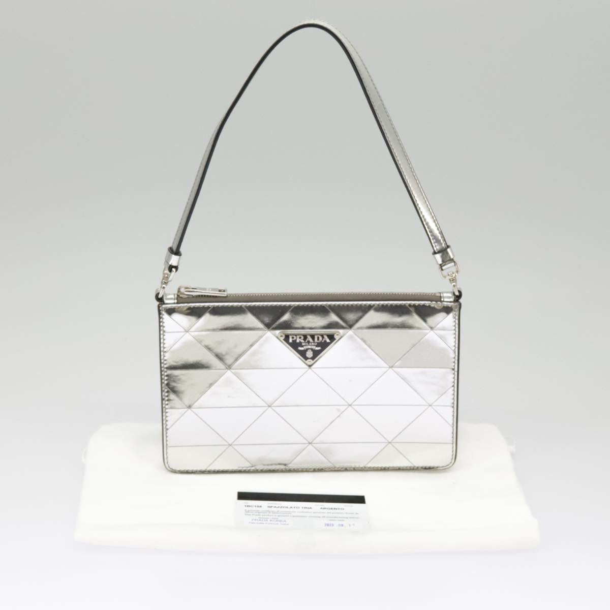 PRADA Accessory Pouch Metallic leather Silver Auth 101052A