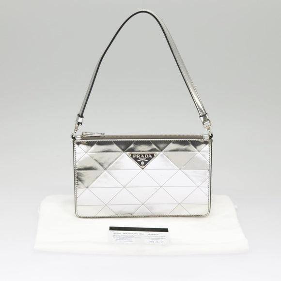 PRADA Accessory Pouch Metallic leather Silver Auth 101052AM