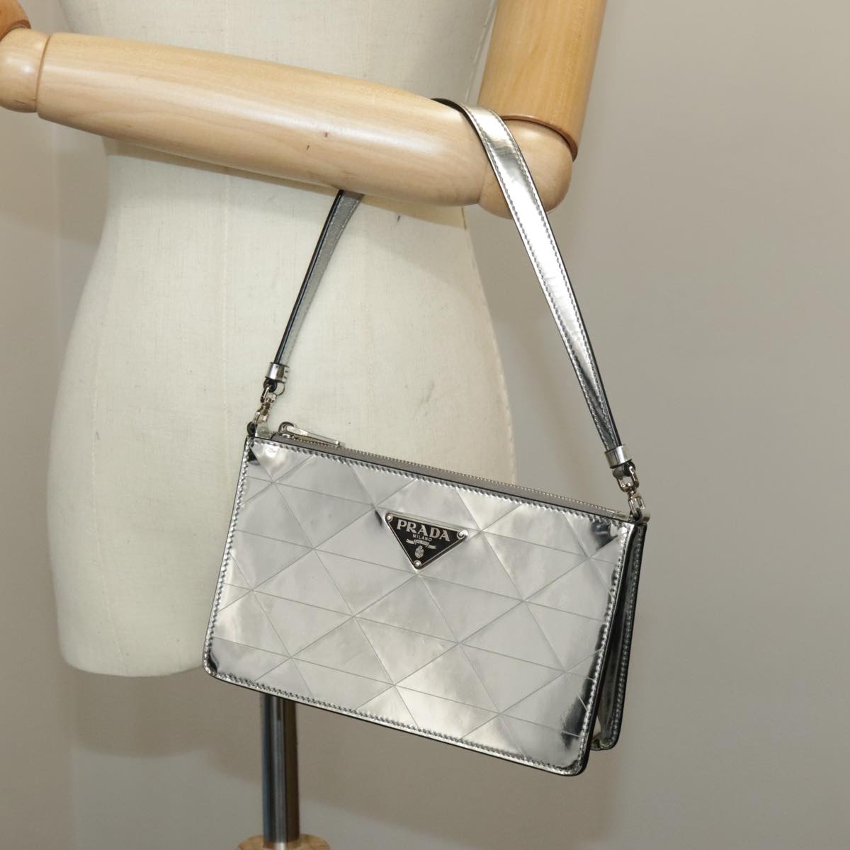 PRADA Accessory Pouch Metallic leather Silver Auth 101052A