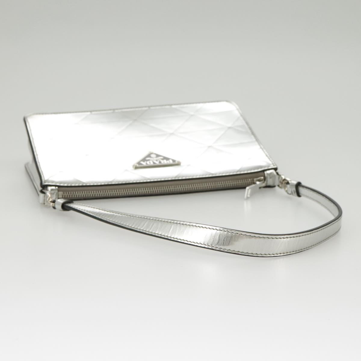 PRADA Accessory Pouch Metallic leather Silver Auth 101052A