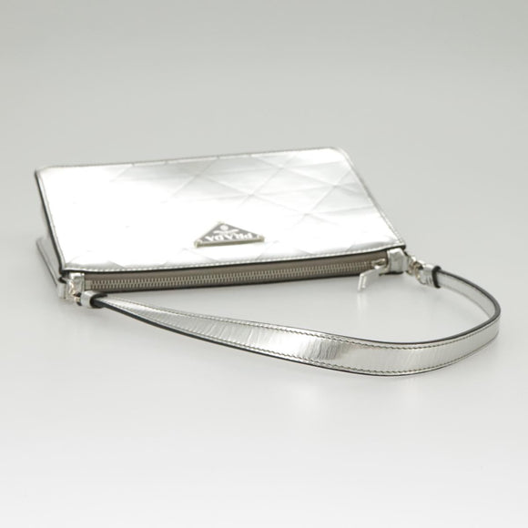 PRADA Accessory Pouch Metallic leather Silver Auth 101052AM