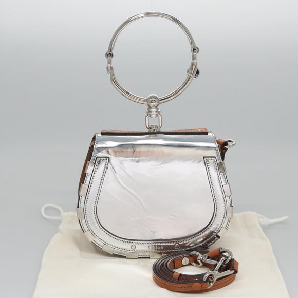 Chloe Nile Hand Bag Enamel Leather 2way Silver Brown Auth 101064