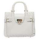 Salvatore Ferragamo Gancini Hand Bag Wicker White Auth 101078-2