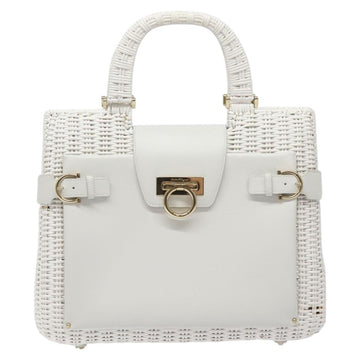 Salvatore Ferragamo Gancini Hand Bag Wicker White Auth 101078 - 0