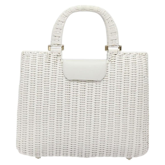 Salvatore Ferragamo Gancini Hand Bag Wicker White Auth 101078