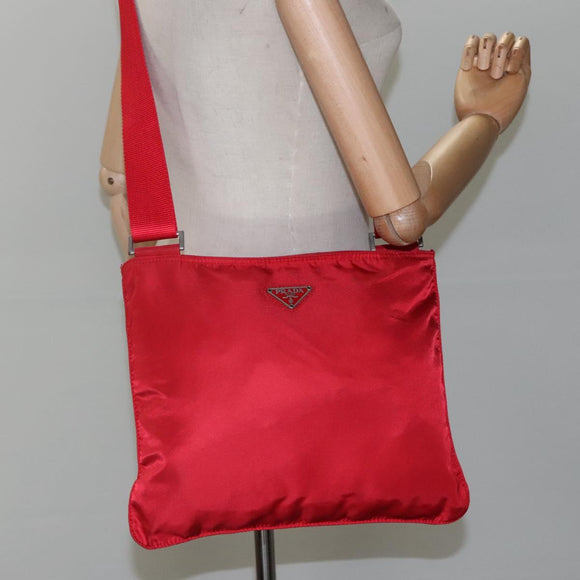 PRADA Shoulder Bag Nylon Red Silver Auth 101081