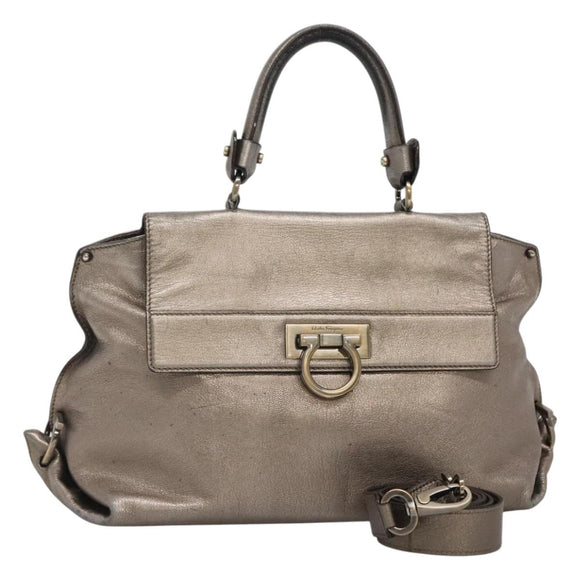 Salvatore Ferragamo Gancini Sofia Hand Bag Leather 2way Silver Auth 101090