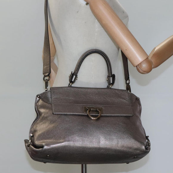 Salvatore Ferragamo Gancini Sofia Hand Bag Leather 2way Silver Auth 101090
