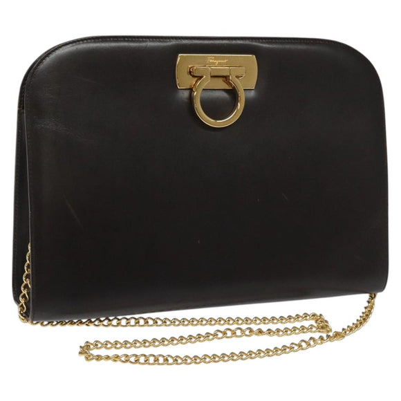 Salvatore Ferragamo Gancini Chain Shoulder Bag Leather Brown Gold Auth 101093