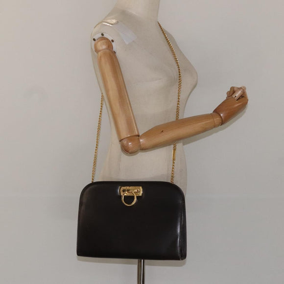 Salvatore Ferragamo Gancini Chain Shoulder Bag Leather Brown Gold Auth 101093