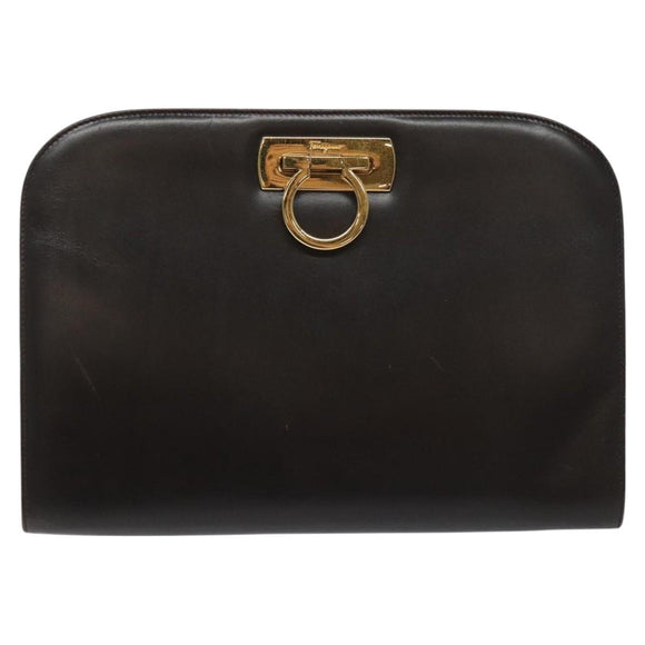 Salvatore Ferragamo Gancini Chain Shoulder Bag Leather Brown Gold Auth 101093