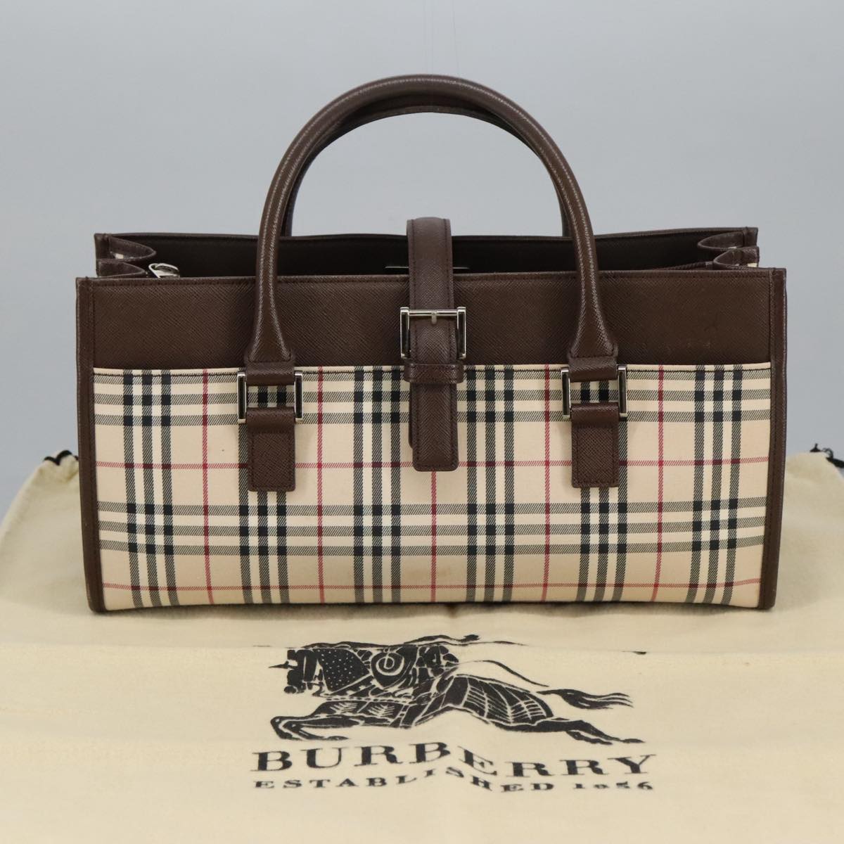 BURBERRY Hand Bag Canvas Leather Beige Brown Silver Auth 101112