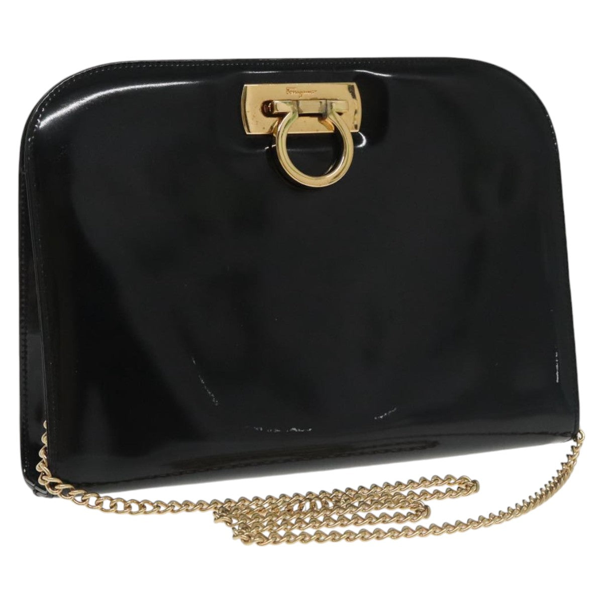 Salvatore Ferragamo Chain Shoulder Bag Enamel Black Gold Auth 101117