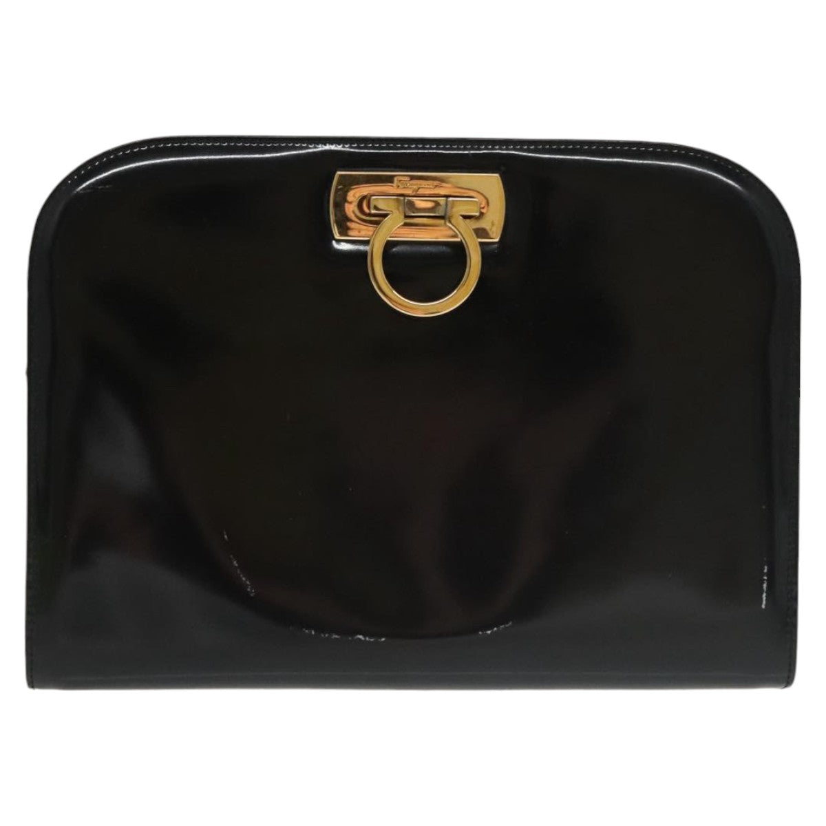 Salvatore Ferragamo Chain Shoulder Bag Enamel Black Gold Auth 101117 - 0