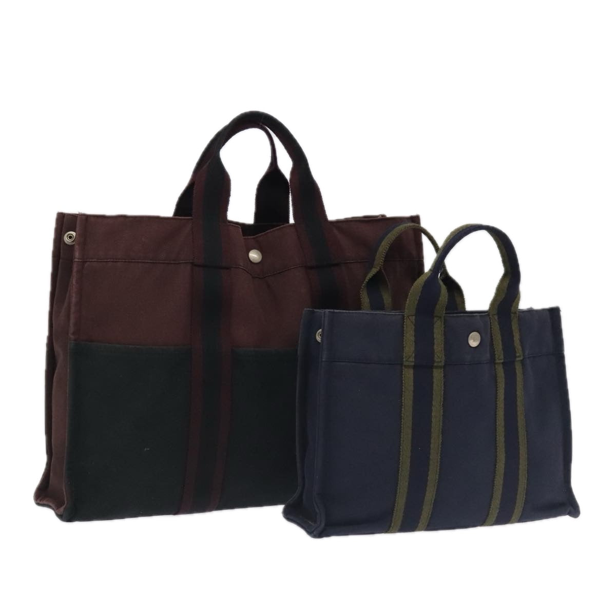 HERMES Fourre Tout Hand Bag Canvas 2Set Wine Red Navy Auth 101119