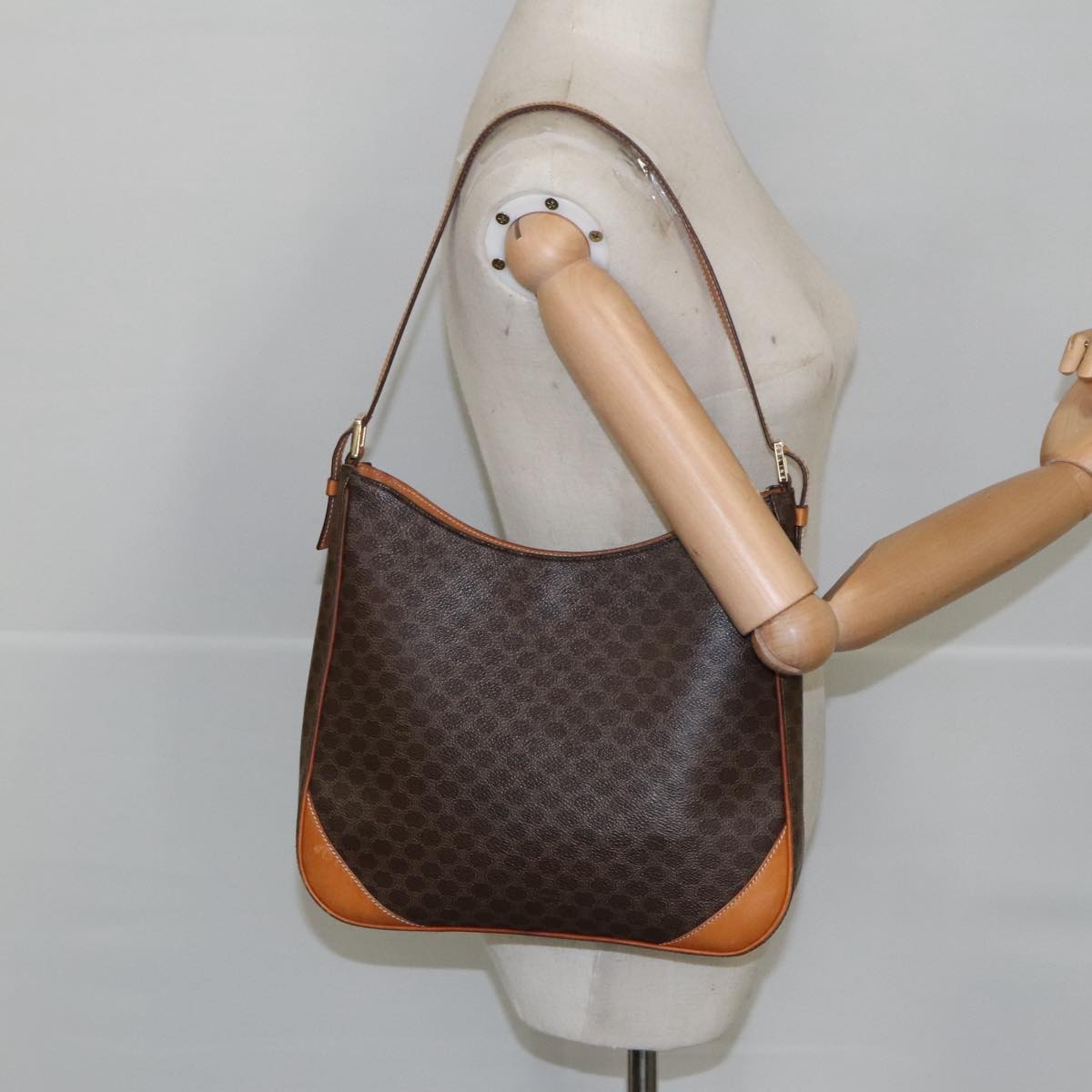 CELINE Macadam Canvas Shoulder Bag PVC Leather Brown Gold Auth 101151